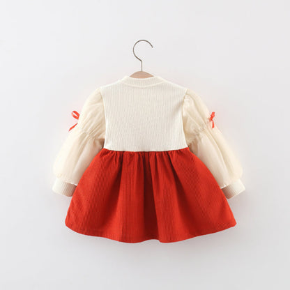 Two Flower Suspender Dress Corduroy Puff Sleeve Spliced Dress