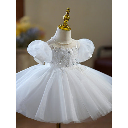 Flower Girl Dress Toddler Ball Gowns White Puff Sleeve Beaded Princess Dress