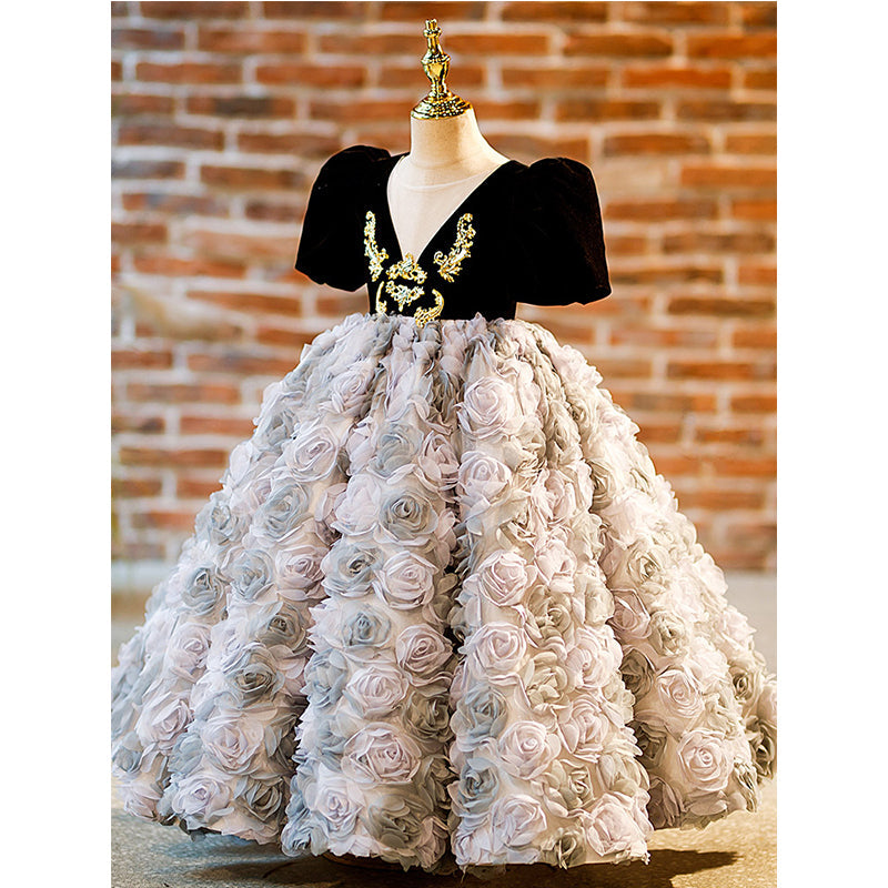 Flower Girl Dress Children Communion Birthday Party Vintage Floral Fluffy Princess Dress