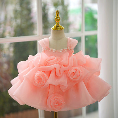 Elegant Baby Girls Pink Flower Girl One-year-old Princess Toddler Beauty Pageant Dress