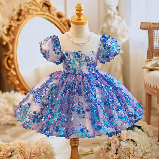 Toddler Ball Gowns Girl Fluffy Dress Blue Sequins Party Communion Princess Dress