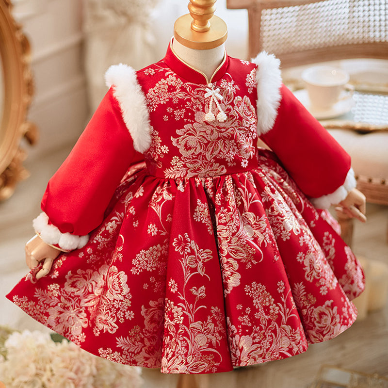 Girls Christmas Embroidery Winter Dress Toddler  Long Sleeves Princess Dress