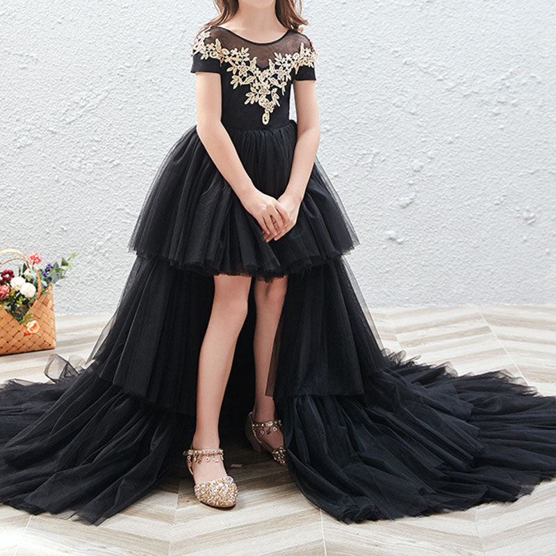 Girls Tulle Tail Dress Flower Black Princess Dress