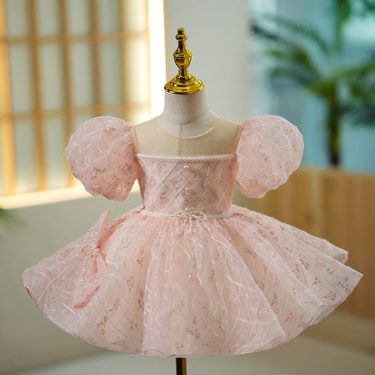 Toddler Prom Dress Girl Summer Puff Sleeve Bowknot Pink Birthday Party Dress