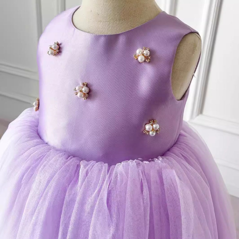 Elegant Baby Girls Lilac Satin Tulle Princess Dress Toddler Birthday Dresses