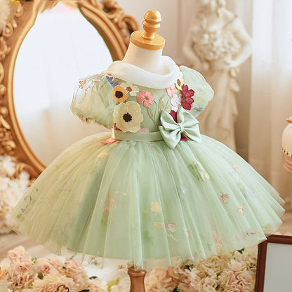 Toddler Ball Gowns Baby Girl Cute Pageant Birthday Party Puff Rosette Sleeves Dress