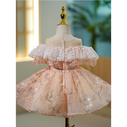 Flower Girl Dress Toddler Summer Off-Shoulder Lace Puffy Birthday Party Princess Dress