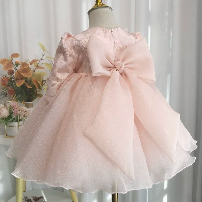 Elegant Baby Pale Pink Patterned Mesh Bow Mesh Pleated Dress ToddlerFormal Dresses