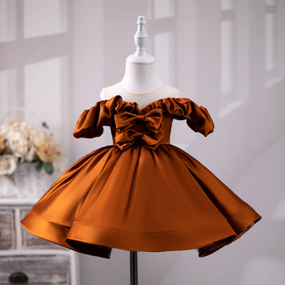 Elegant Baby Girls Cinnamon One Shoulder Bow Princess Dress Girls Pageant Dresses