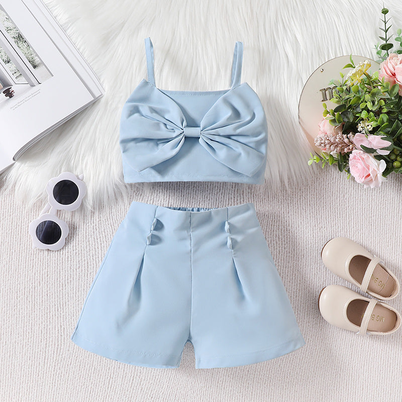 Girls Short Bowknot Suspender Solid Color Shorts Two-piece Set