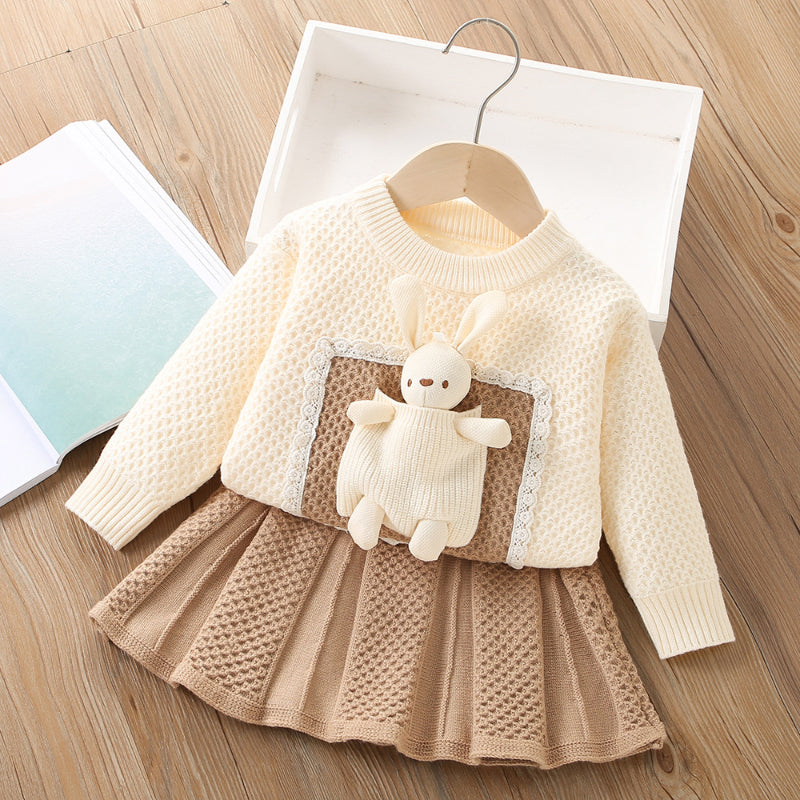 Girls Doll Knit Top Skirt Two-piece Sweater Set