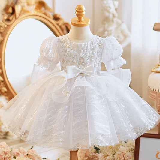 Sweet Baby Girls Puff Sleeve Mesh Princess Tutu Dress Toddler Baptism Dresses