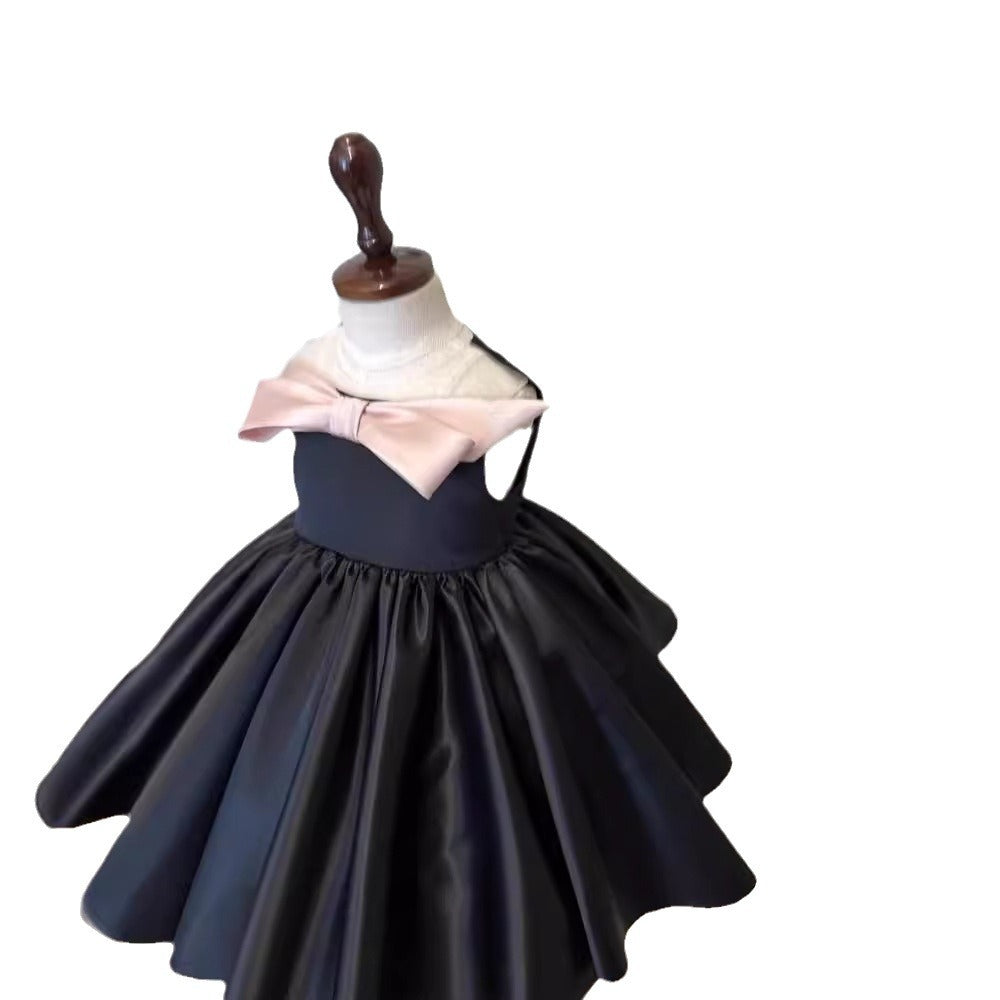 Elegant Baby Girl Black Satin Bow Dress Toddler Ball Gowns