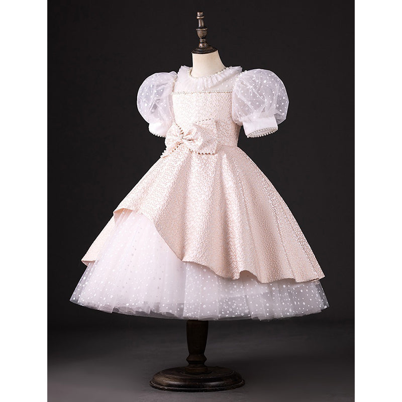 Girls Puff Sleeve Birthday Dress Pink Princess Dress with Bow