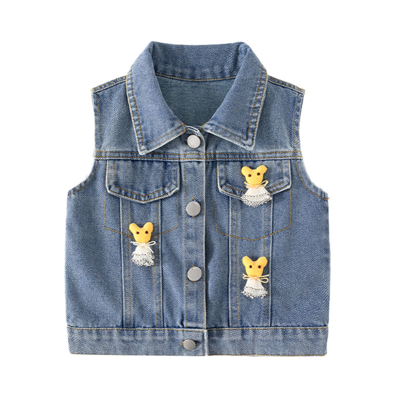 Girls' Cartoon Denim Vest Toddler Fall Cute  Playful Radish Denim Vest Sleeveless Lapel Vest