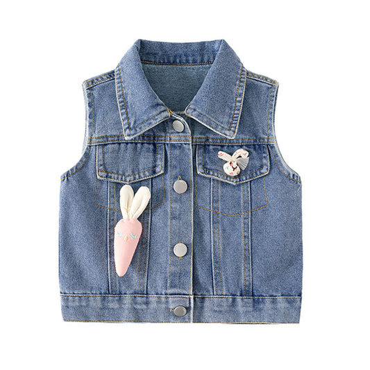 Girls' Cartoon Denim Vest Toddler Fall Cute  Playful Radish Denim Vest Sleeveless Lapel Vest