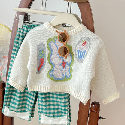 Sweet Baby Girl Rabbit Sweater Plaid Pants Two-piece Set