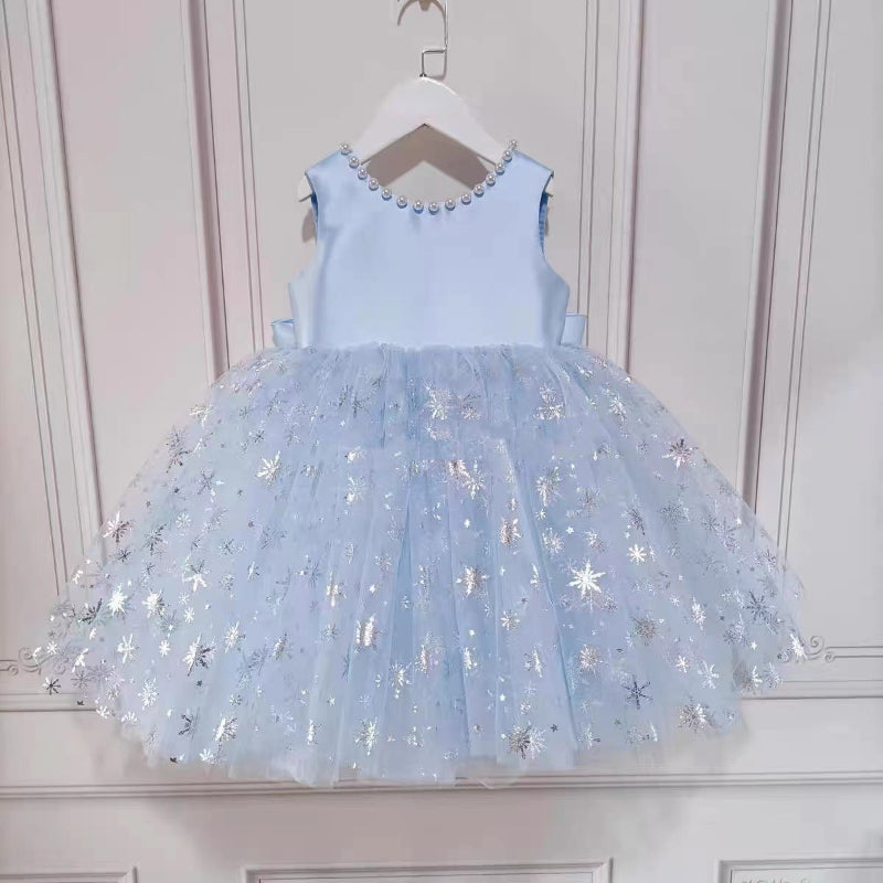 Elegant Baby Girls V-neck Mesh Big Pearl Princess Dress Toddler Prom Dress