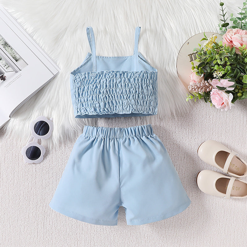 Girls Short Bowknot Suspender Solid Color Shorts Two-piece Set