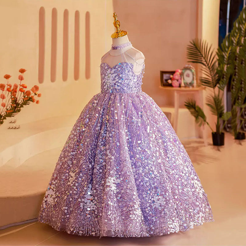 Elegant Baby Girls Purple Strapless Sequin Dress Toddler Girls Pageant Dresses