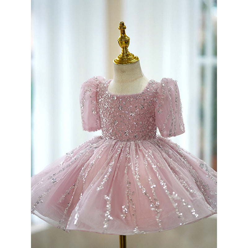 Elegant Baby Girl Pink Sequined Puff Birthday Dress Toddler Ball Gowns