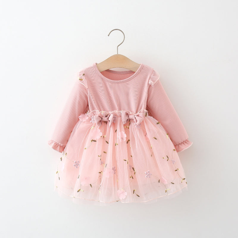 Girls Two Bows Dress Flower Mesh Princess Dress