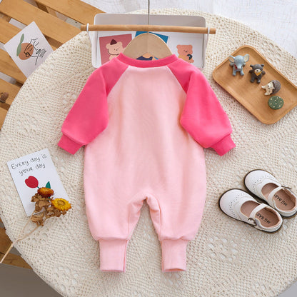 Pink Raglan Sleeve Velvet Petite Flower Baby Romper