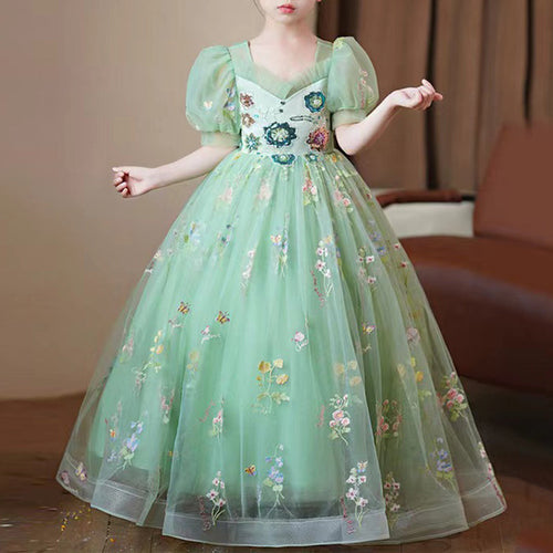 Elegant Baby Green Sequined Mesh Puffy Party Princess Dress Little Girl Dresses