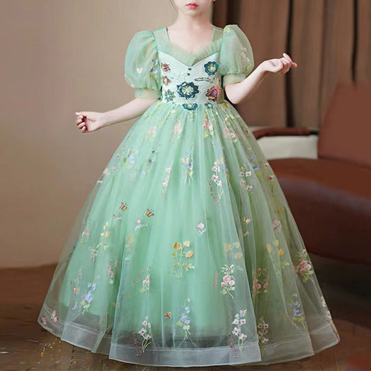 Elegant Baby Green Sequined Mesh Puffy Party Princess Dress Little Girl Dresses