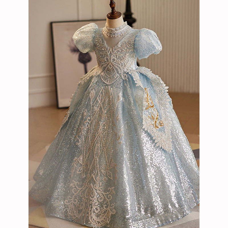 Elegant Baby Girls Light Blue Hollow Sequin Pattern Long Skirt Toddler Birthday Evening Dress