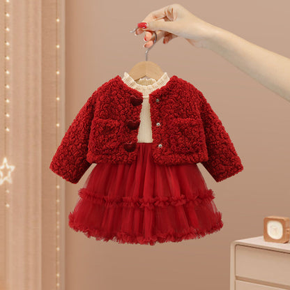 Girls Red Birthday Party Set Baby Warm Winter Two-piece Set