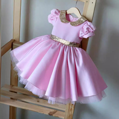 Elegant Baby Girls Pink Satin Birthday Princess Dress Toddler Christening Dresses