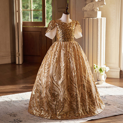 Elegant Baby Gold Patterned Sequin Party Dress Toddler Girls Pageant Dresses