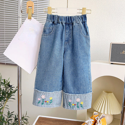 Sweet Girl's Love Bottoming Shirt Denim Wide-leg Pants Two-piece Set