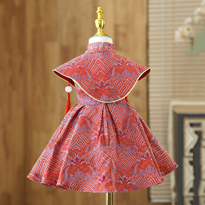 Elegant Baby Girls Red Pattern Shawl Dress Toddler Birthday Dresses New Chinese Style Birthday Princess Dress