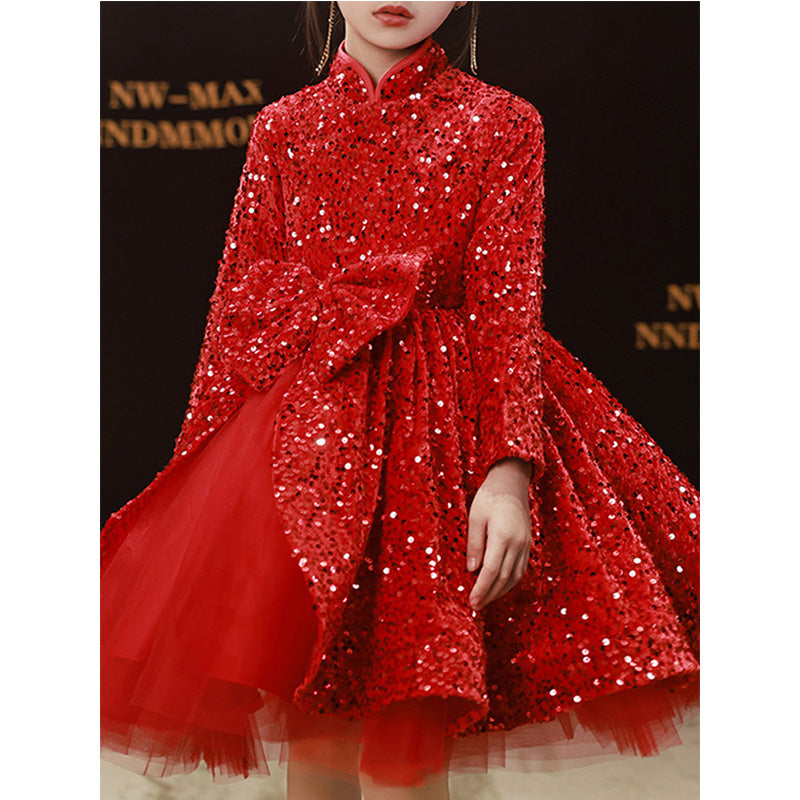 Toddler Girl Winter Red Sequin Bow Fluffy Princess Dress