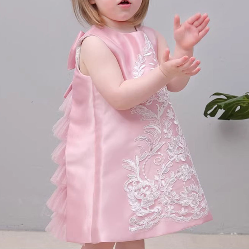 Elegant Baby Girls Pink Embroidered Sleeveless Dress Toddler Flower Girl Puffy Princess Gauze Dress