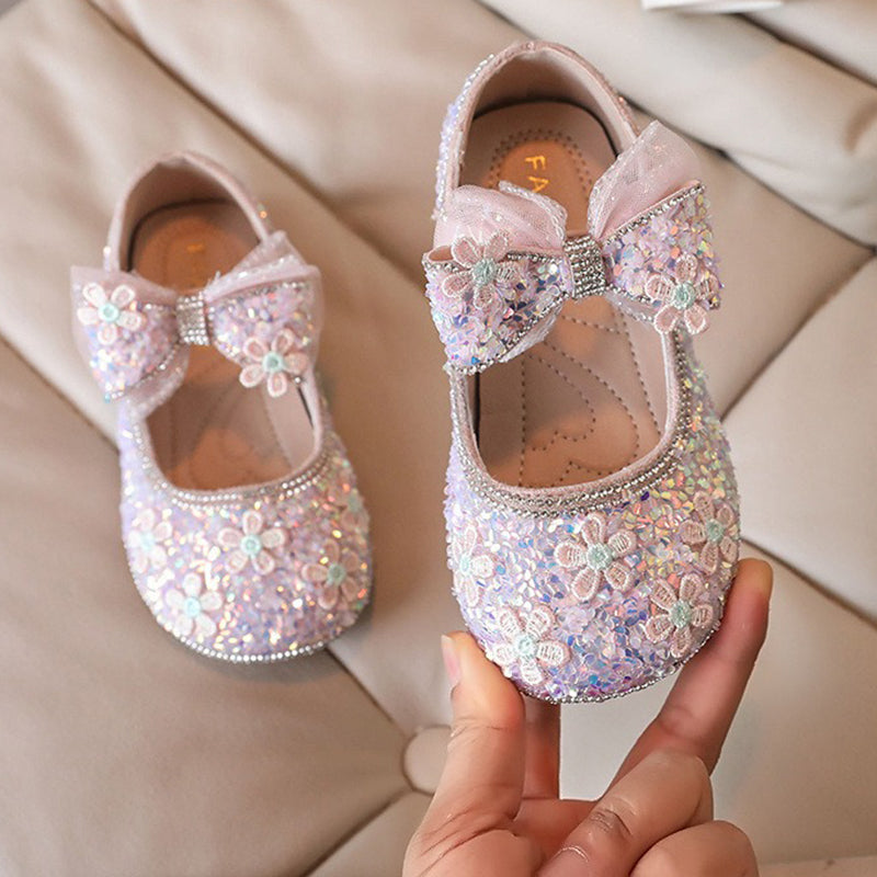 Princess Leather Shoes with Bows and Sparkling Crystals