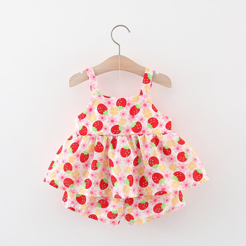 Summer Baby Girl Strawberry Print Bow-knot Suspender Suit