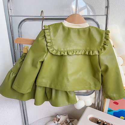 Girls Doll Collar Green Leather Two-piece Set