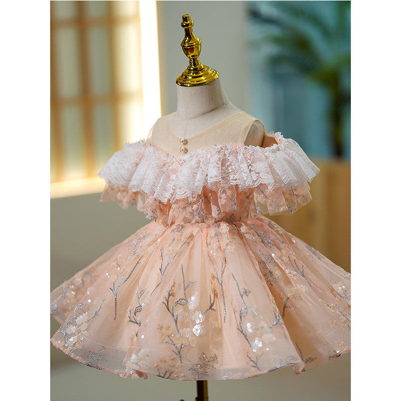 Flower Girl Dress Toddler Summer Off-Shoulder Lace Puffy Birthday Party Princess Dress