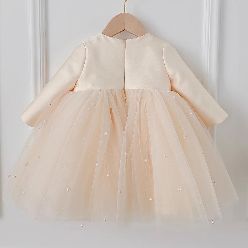 Elegant Baby Girl Long-sleeved Big Bow Pearl Tulle Dress Toddler First Communion Dress