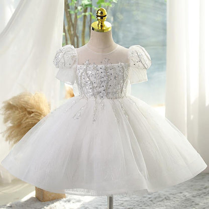 Flower Girl Wedding Dress Sequin Bow Puffy Princess Dress