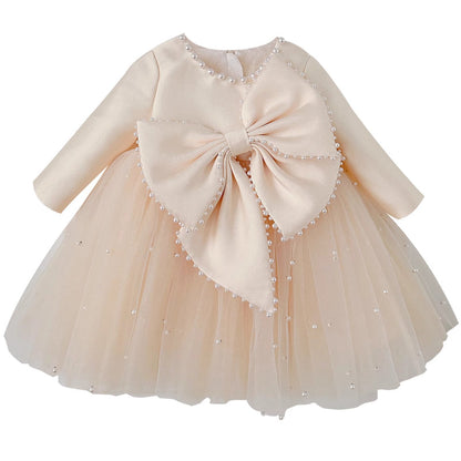 Elegant Baby Girl Long-sleeved Big Bow Pearl Tulle Dress Toddler First Communion Dress