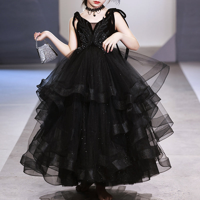 Elegant Baby Girls Black Strapless Tulle Ball Gown Toddler Princess Dress