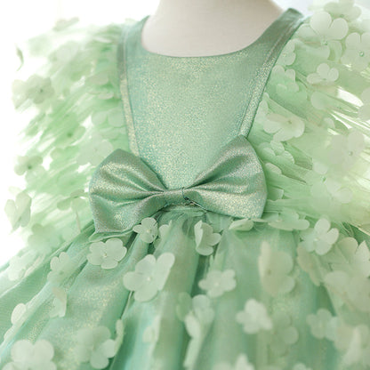 Elegant Baby Girls Green Floral Mesh Birthday Puff Dress Toddler Princess Dresses For Girls