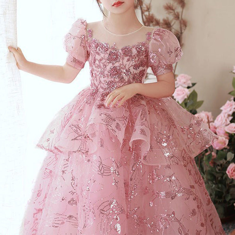 Toddler Girl Birthday Party Dress Summer Pink Sequin Puff Sleeve Princess Dress