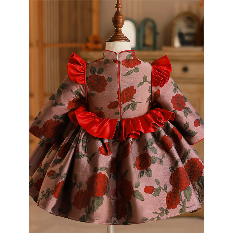 Flower Girl Dress Toddler Ball Gowns Dress Long Sleeve Printed Embroidered Princess Dress