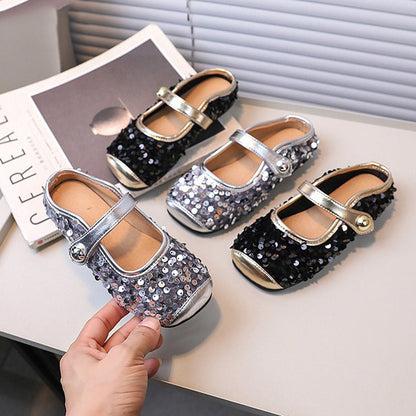 Girls Sequined Leather Shoes Shallow Mouth Flat Princess Shoes