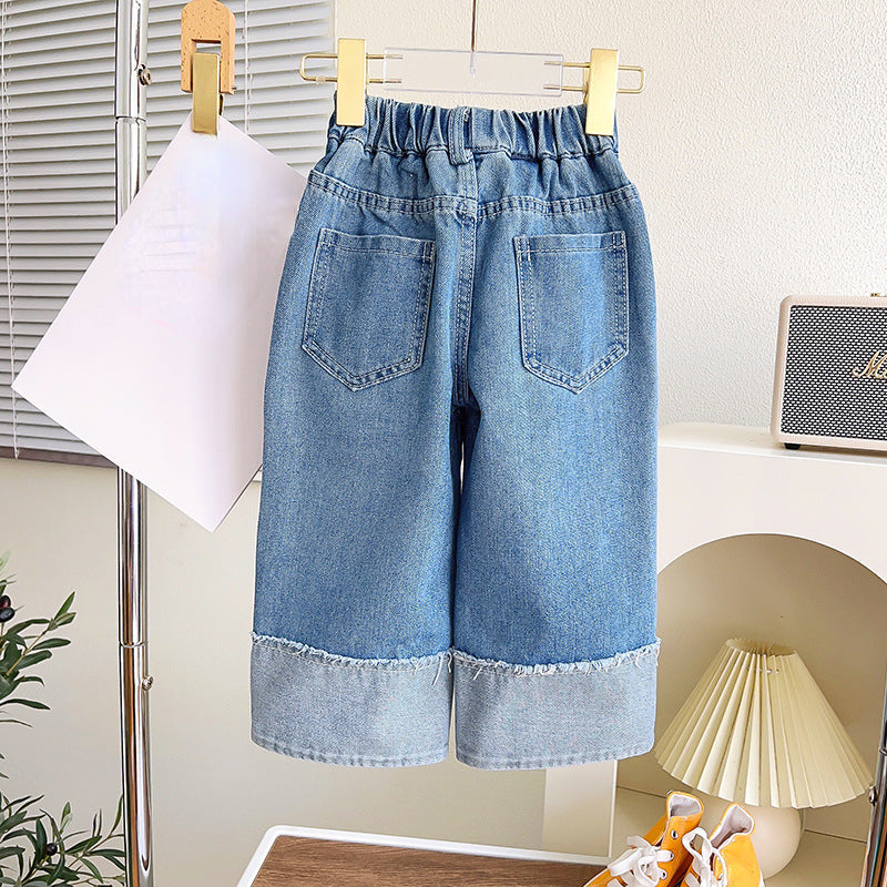 Sweet Girl's Love Bottoming Shirt Denim Wide-leg Pants Two-piece Set